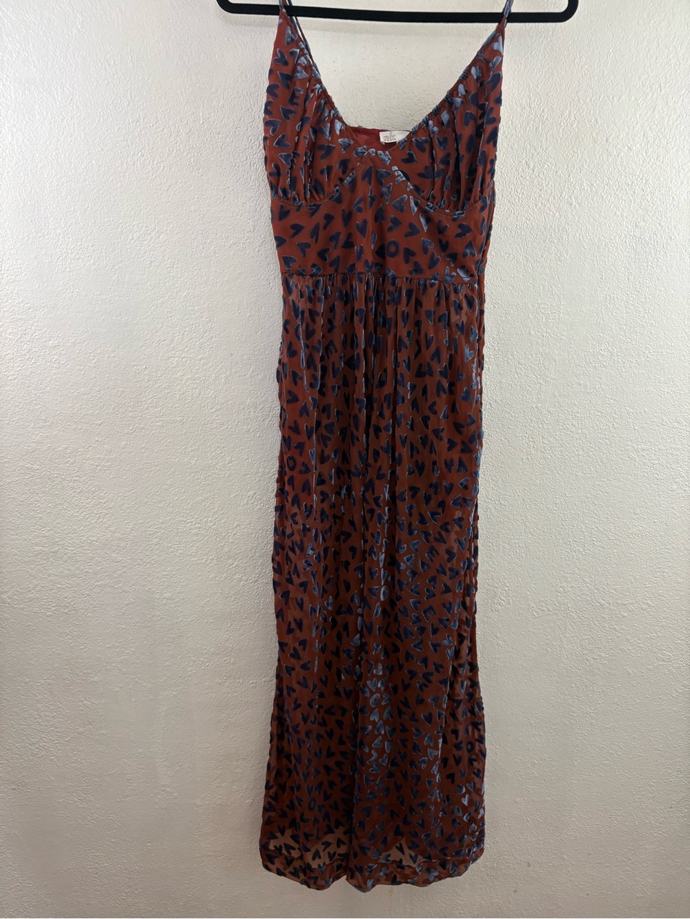 NK  brown and blue hearts print midi sheer dress with spaghetti straps size 36/S